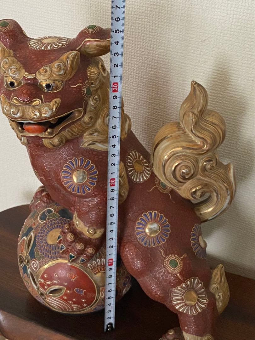 九谷焼 玉乘リ獅子 赤獅子除魔け 緣起物 唐獅子 高さ35cm X横幅27cm