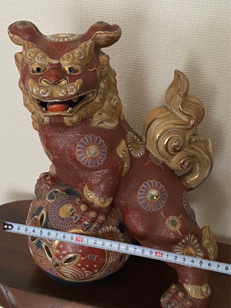 九谷焼 玉乘リ獅子 赤獅子除魔け 緣起物 唐獅子 高さ35cm X横幅27cm