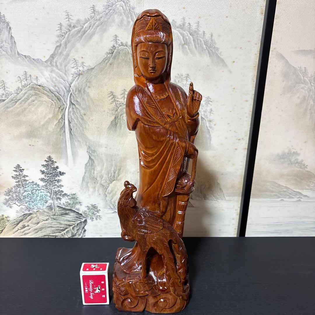 大型 鳳凰　観音菩薩 木彫　仏像 彫刻　開運　風水　置物　縁起物　インテリア