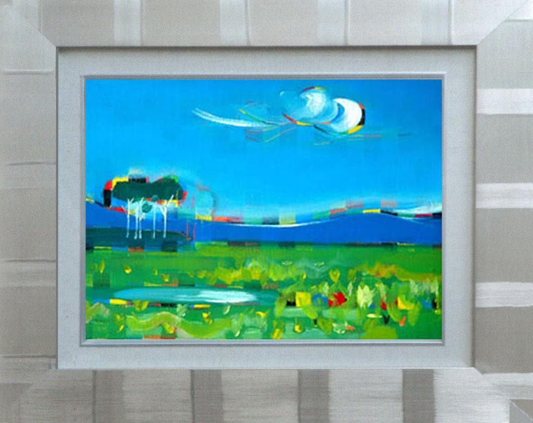 油絵 菅家令子 絵 絵画 インテリア F4-080111 風景 緑の草原と青い空