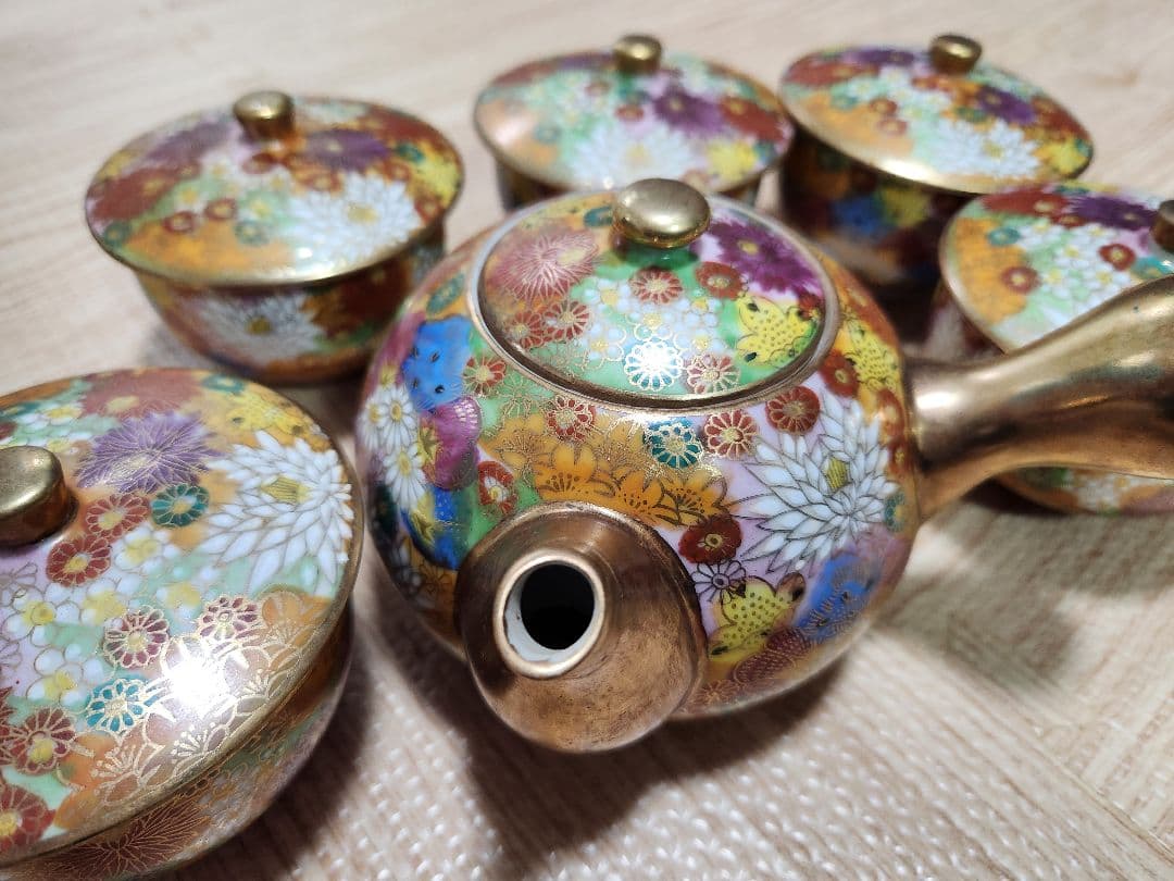 九谷焼 九谷光峰 花詰/菊詰 金彩 茶器揃 5客 湯呑茶碗/急須 食器