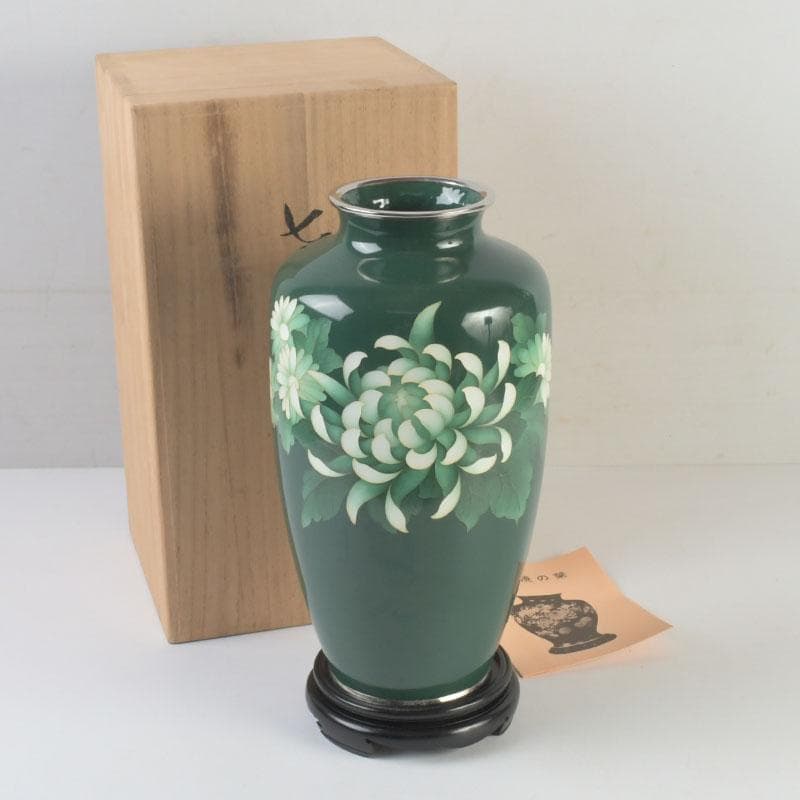 七宝焼　相互七宝謹製　緑釉　花文　花瓶　唐木台付　共箱　V　9837A