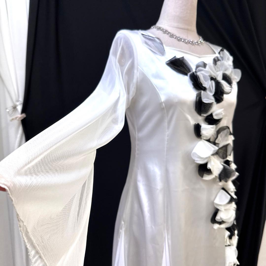 6235★L オフ白 サテン 花モチーフ スタンダードドレス 社交ダンス