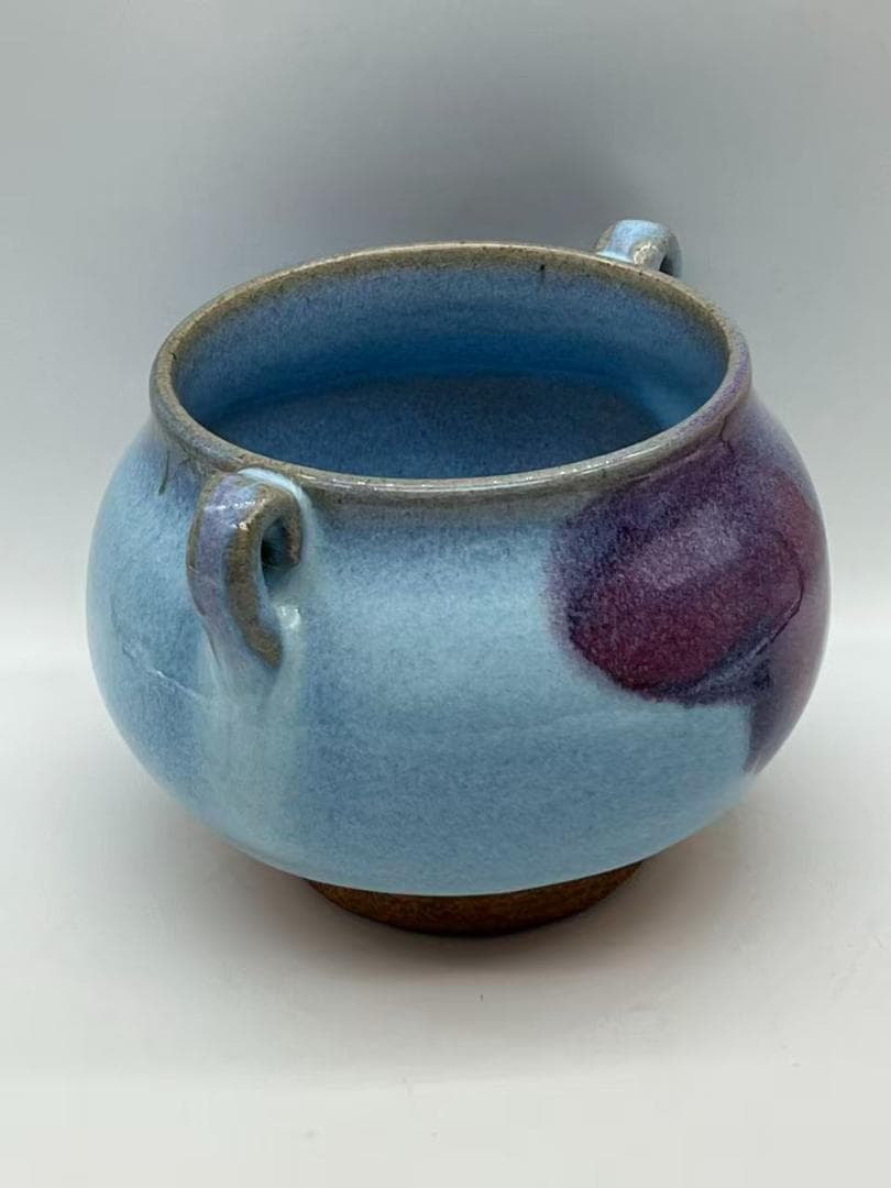 明时代 鈞窯青磁 澱青月白釉紫斑 双糸耳香炉 水丞 【旧家蔵出し】(A-106)