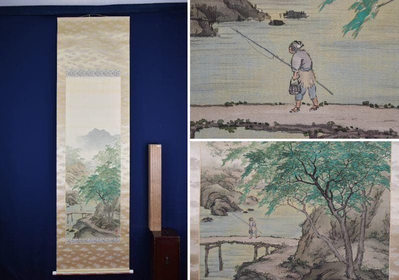 【真作】梶野玄山/春渓釣り人図/掛軸☆宝船☆AB-291