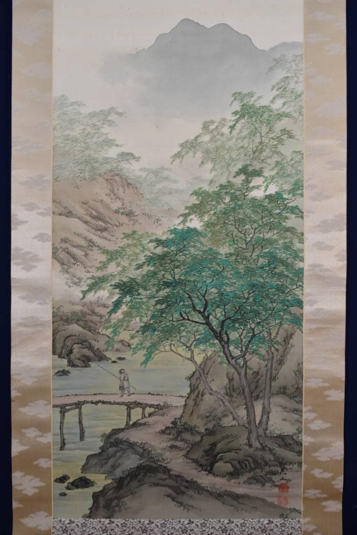 【真作】梶野玄山/春渓釣り人図/掛軸☆宝船☆AB-291