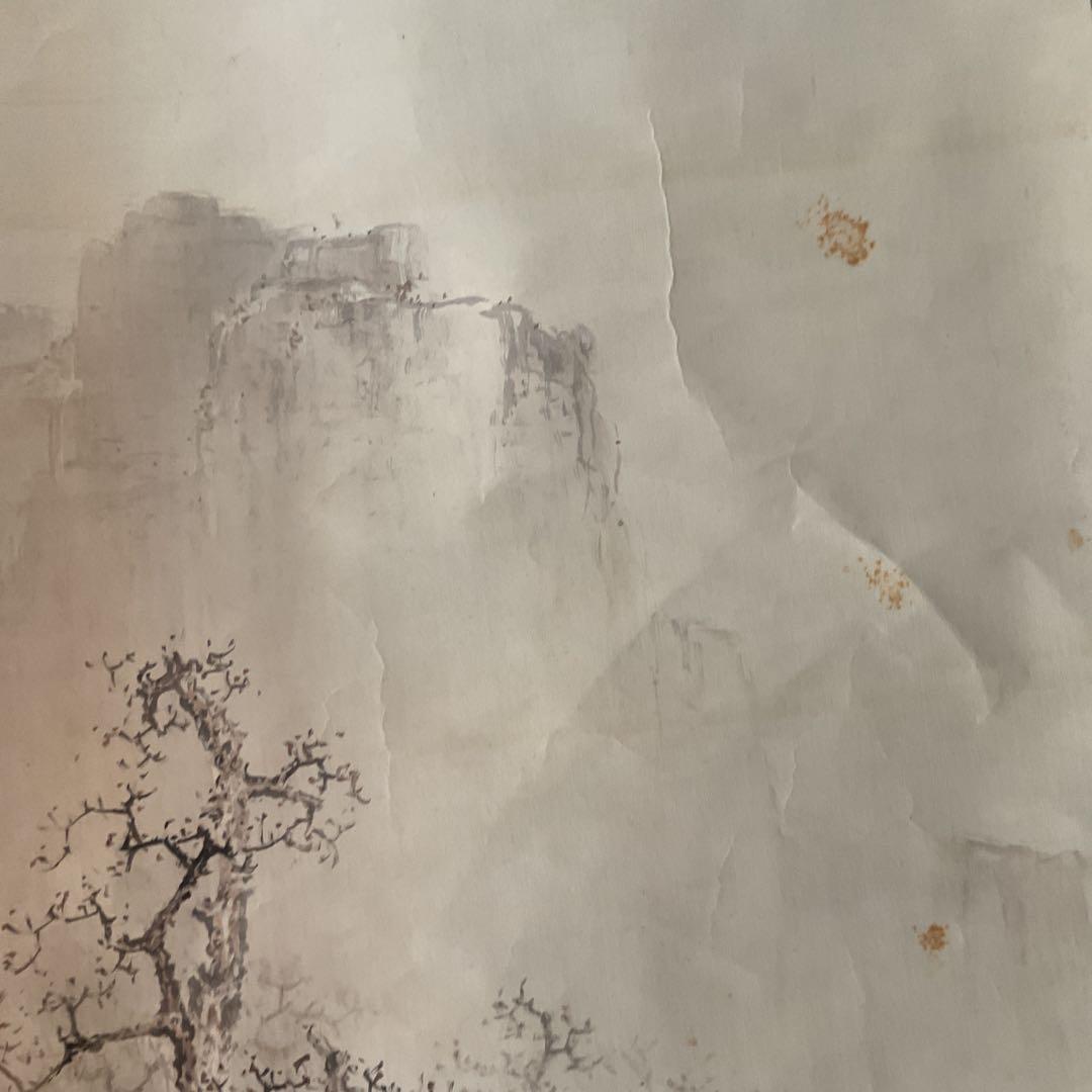 風景画 絹本 作者 題目不詳 軸先漆木細工軸