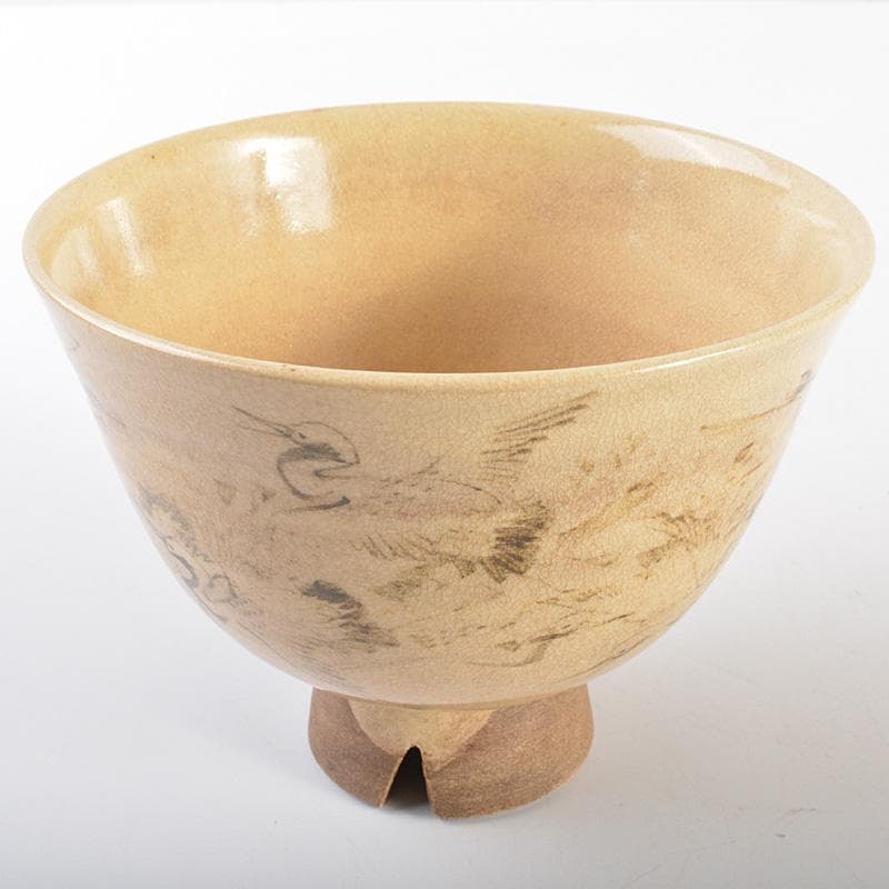 茶道具　京焼　野々村仁清造　鶴図　茶碗　表千家十三代即中斎極箱　D　R6792