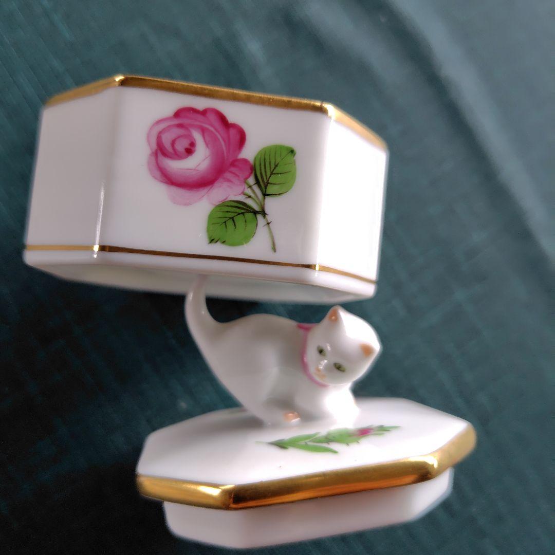HEREND　ウィーンの薔薇　猫　八角形小物入れ
