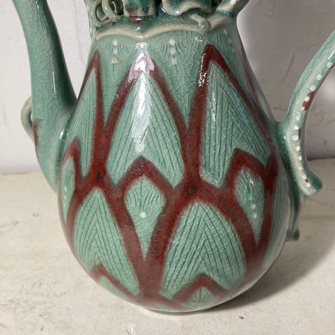 海東李朝 安昌福作 高麗青磁 水注 水差し 蓮の葉 蛙