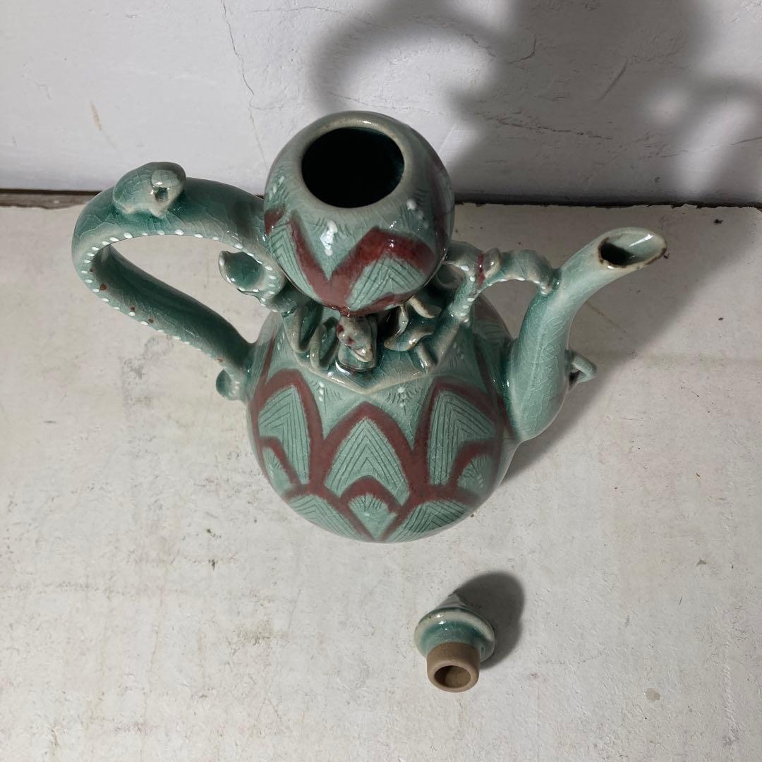 海東李朝 安昌福作 高麗青磁 水注 水差し 蓮の葉 蛙