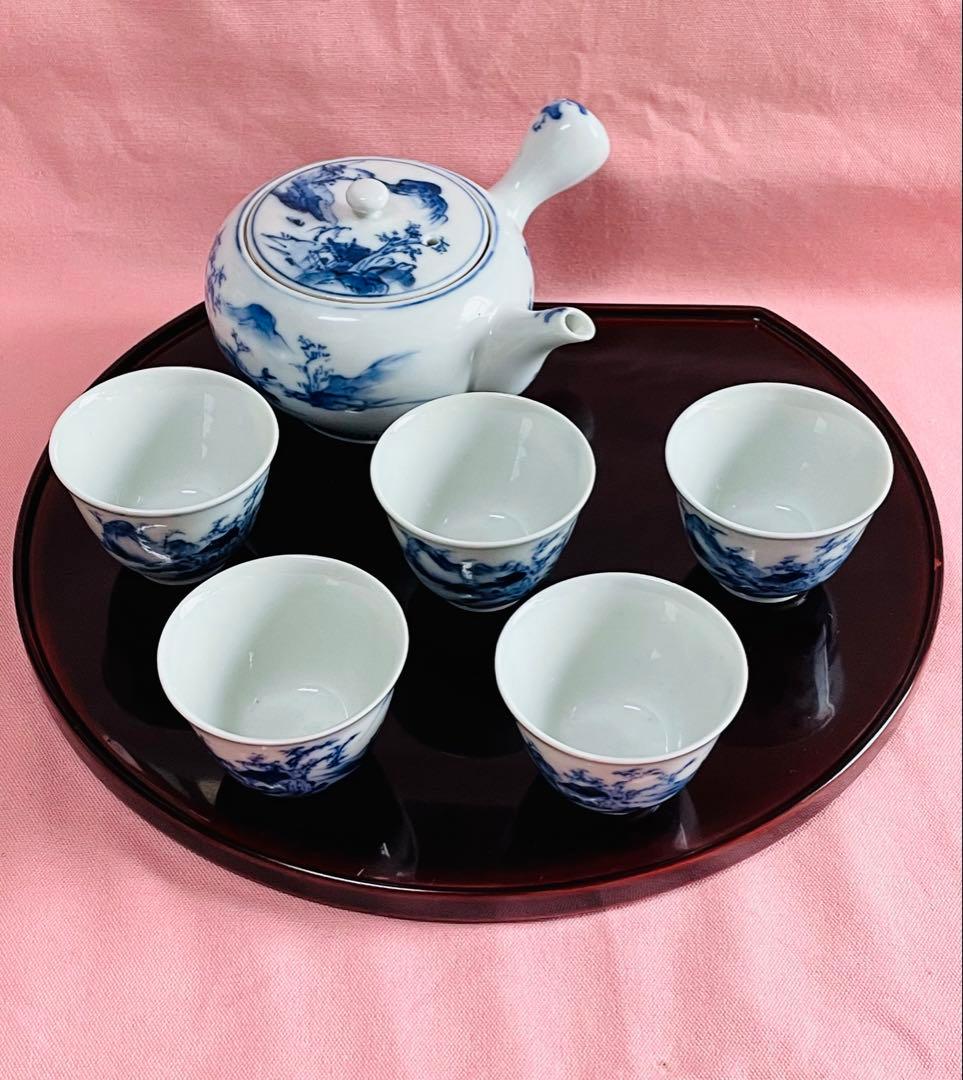 アンティーク九谷焼煎茶器セット＊春慶半月盆付き