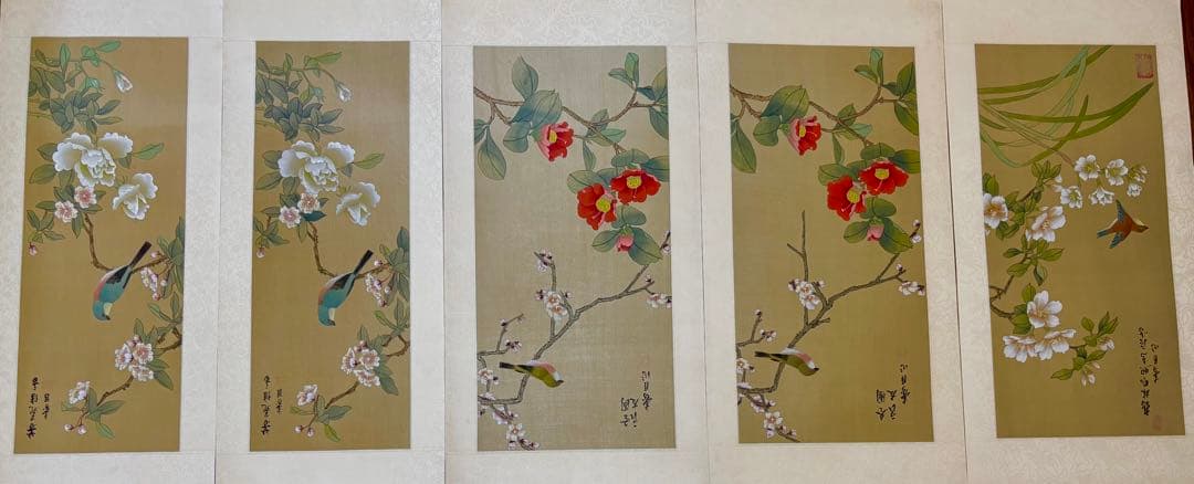 中国清代画家（王时敏画伯）の肉筆模写作品轴と肉筆花鳥画（5枚）共に古い絹本作品）