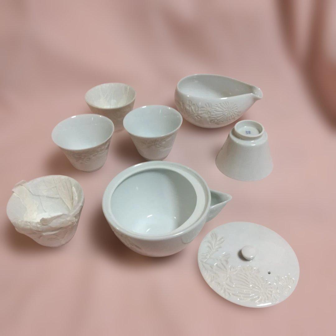 出石焼　永澤永山作　菊花刻白磁 煎茶器