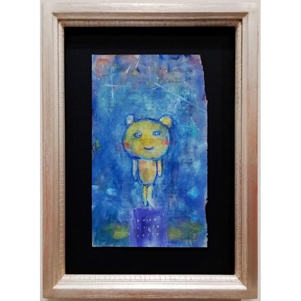 内野隆文　夜のくま　絵画　アンティークペーパー　アクリル画　現代美術　額付　真作