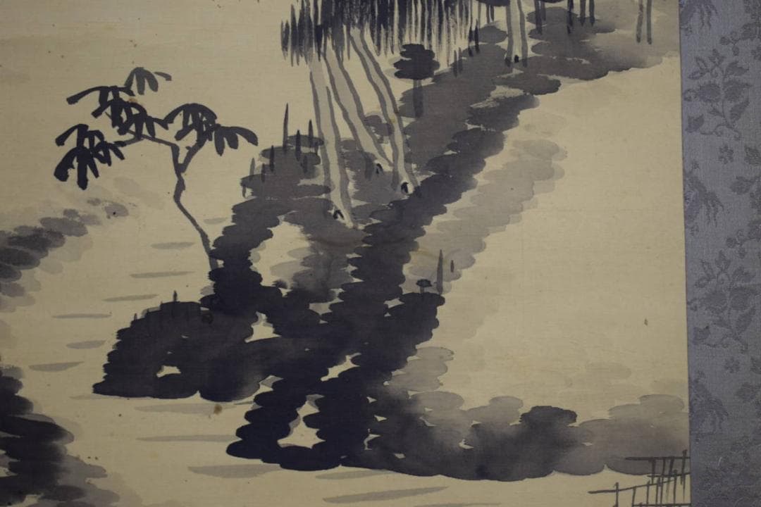 真作/堀井香坡/山水橋図/夏山煙雨/絹表装/布袋屋掛軸HI-385