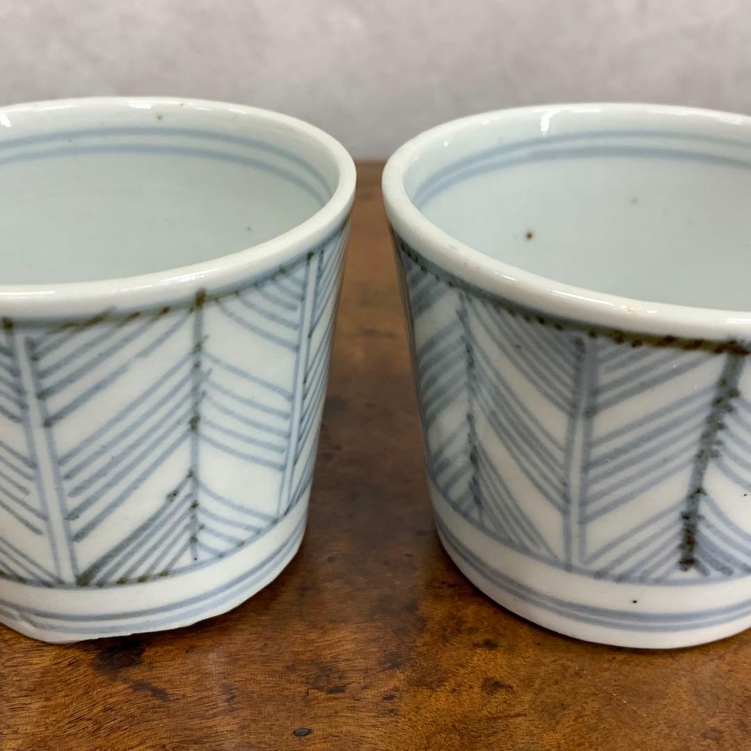 蕎麦猪口 2点 染付 矢羽根文 幾何学模様 江戸 時代 小鉢 アンティーク A②