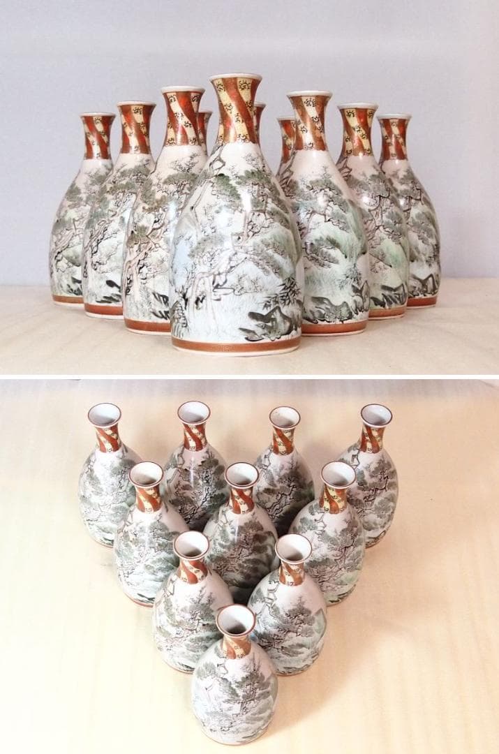 【骨董・良品】明治期 九谷焼 於九谷/久香堂 大徳利 10客 山水鶴松図 酒器