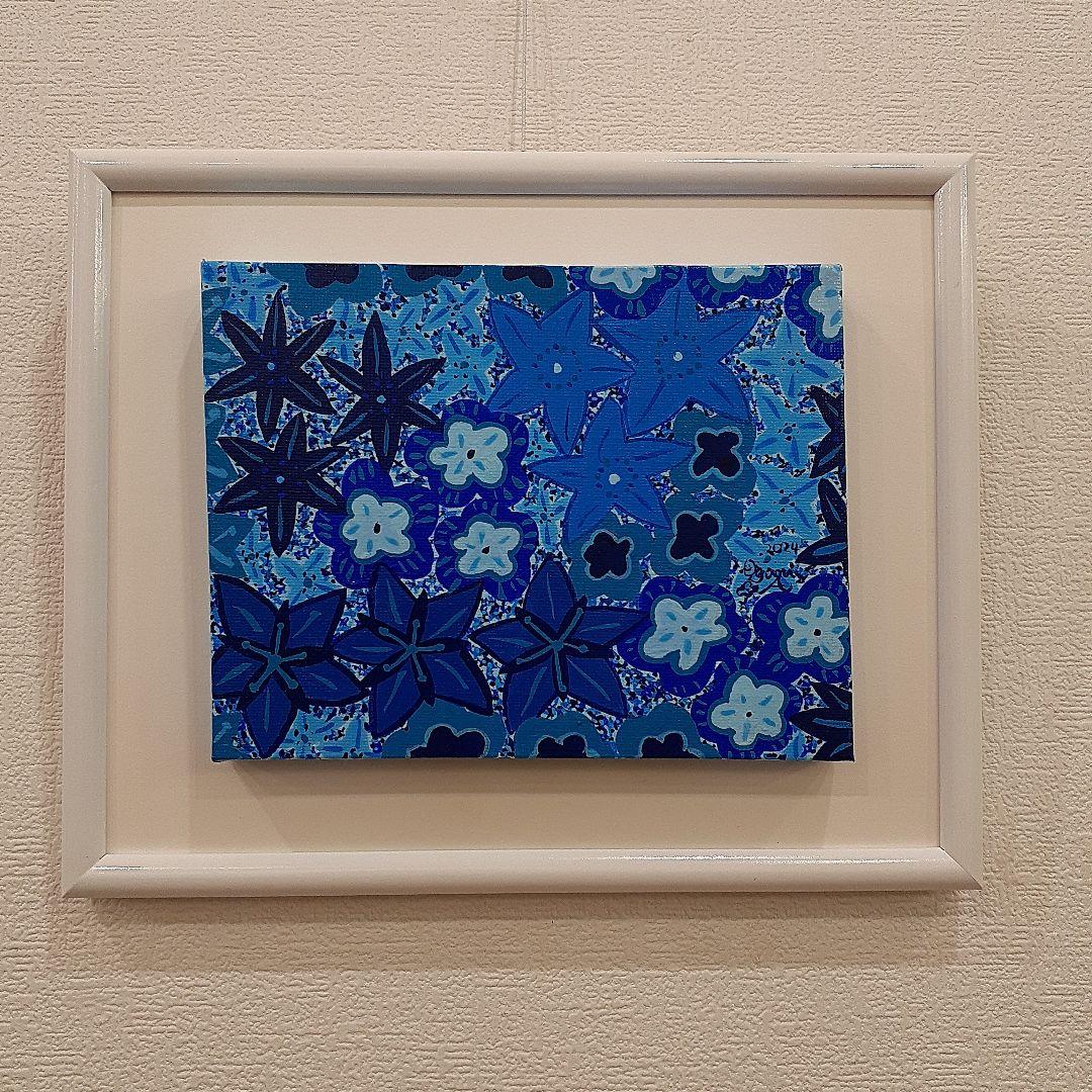 青だらけの花の作品　F0号作品　最新作！　画家　小楠アキコ作品　アクリル絵の具