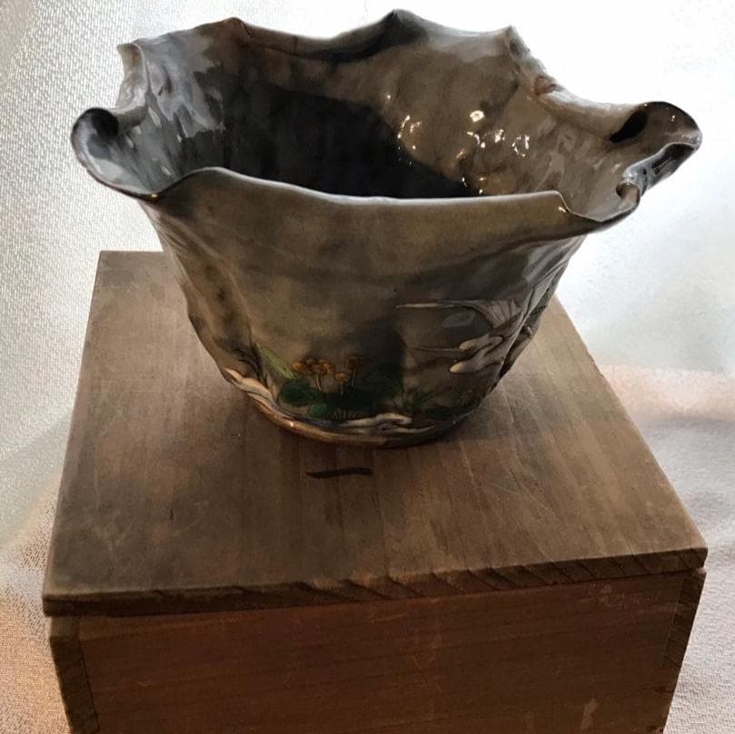 万古焼　蓮葉形丼　鴫図器　共箱　明治