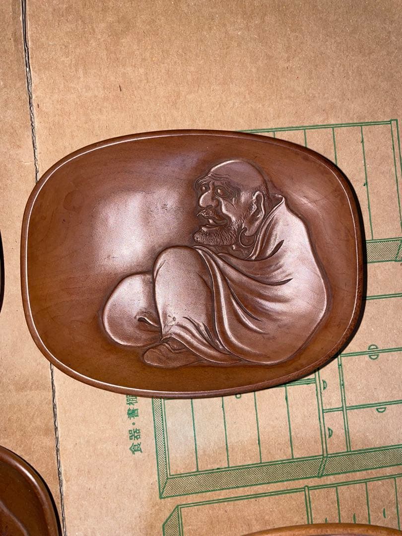 芳嶺　菓子皿　茶器　杉浦芳嶺　達磨？　木製 茶托 5枚　煎茶　彫刻