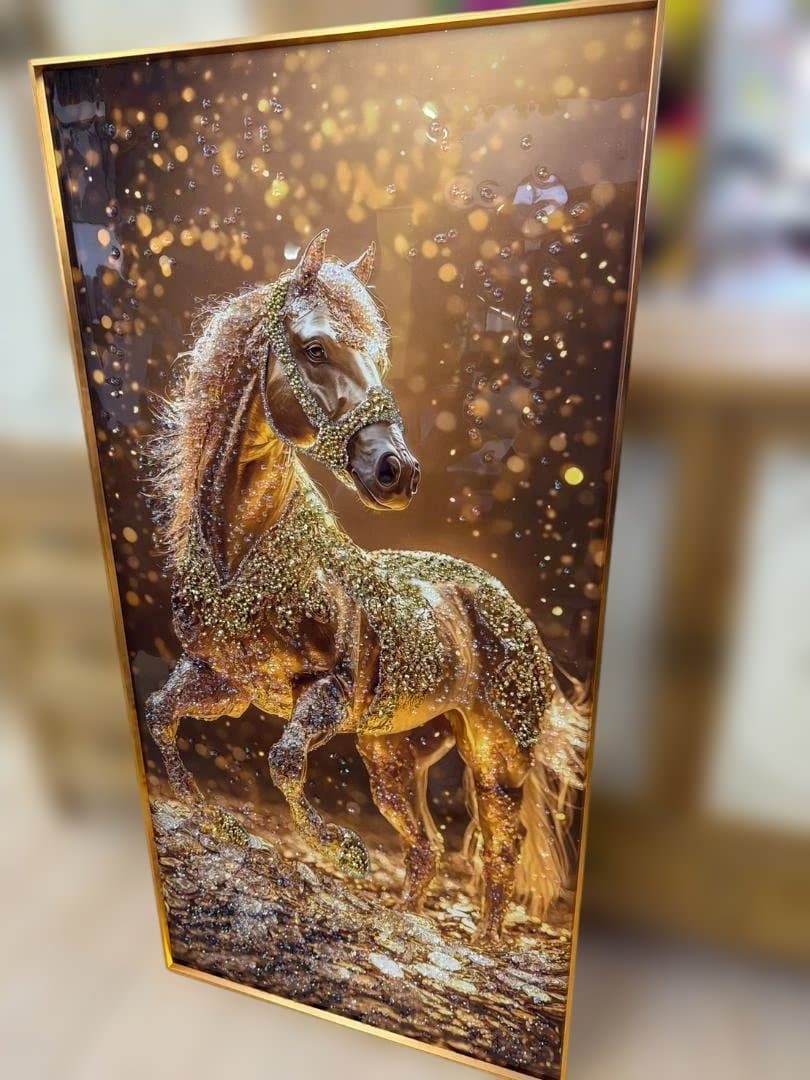 アートパネル　馬　ゴールド　水晶絵　キラキラ　金運　絵　額縁　壁掛け　アート