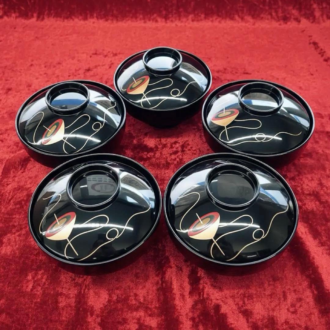 【時代物】金沢漆器 能作謹製 独楽蒔絵 千筋吸物椀×5客セット縁起物 民藝