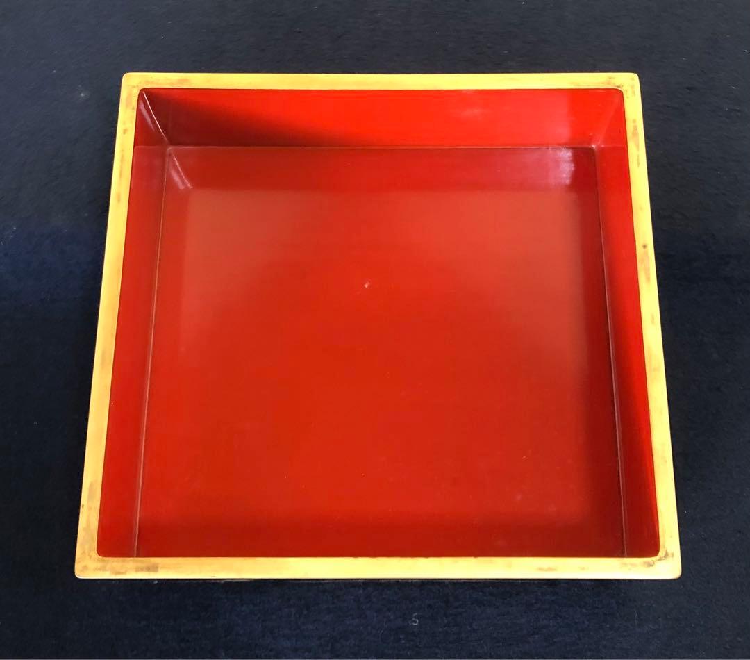 《R》黒内朱 沈金鶴亀松竹梅図 四段重 替蓋付 木製漆器 木箱 260121き6