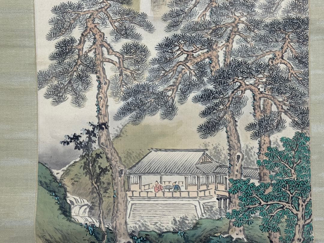 岸浪柳渓筆　絹本肉筆　亭泉松石　青緑山水　掛軸　送料込み251012