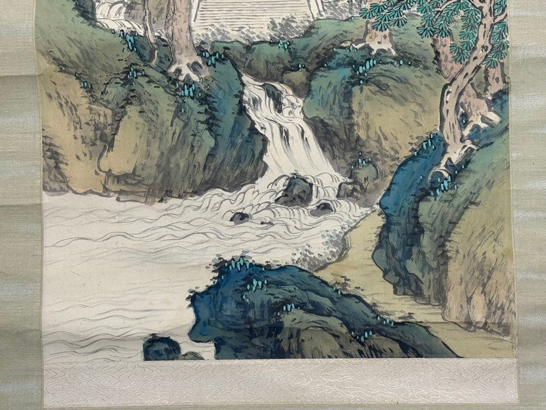 岸浪柳渓筆　絹本肉筆　亭泉松石　青緑山水　掛軸　送料込み251012