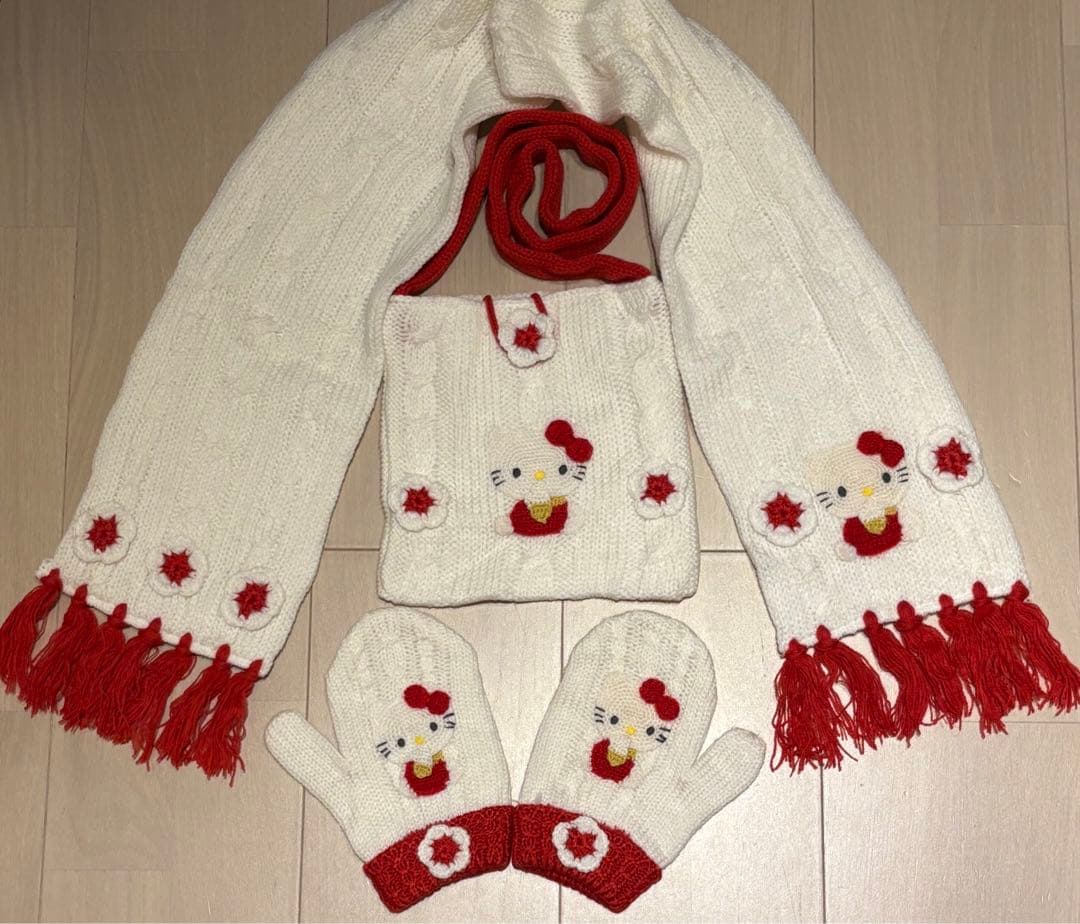 当時物 レトロ ハローキティ マフラー 手袋 ショルダーバッグ 3点セット 新品