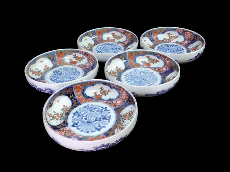 古伊万里　色絵　窓絵　菊に桔梗の図　膾皿　５客　C001AS-CWa