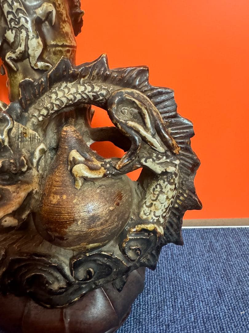 1814  激レア　初代唐津焼　龍型花瓶　花台付き　置物　時代物