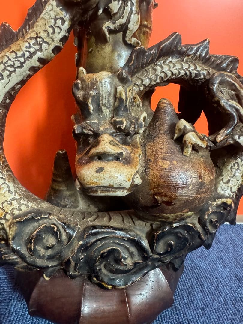 1814  激レア　初代唐津焼　龍型花瓶　花台付き　置物　時代物