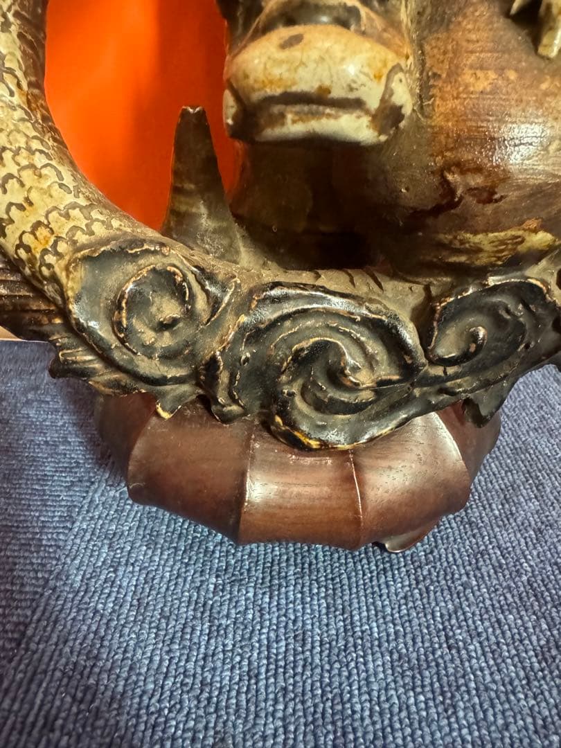 1814  激レア　初代唐津焼　龍型花瓶　花台付き　置物　時代物