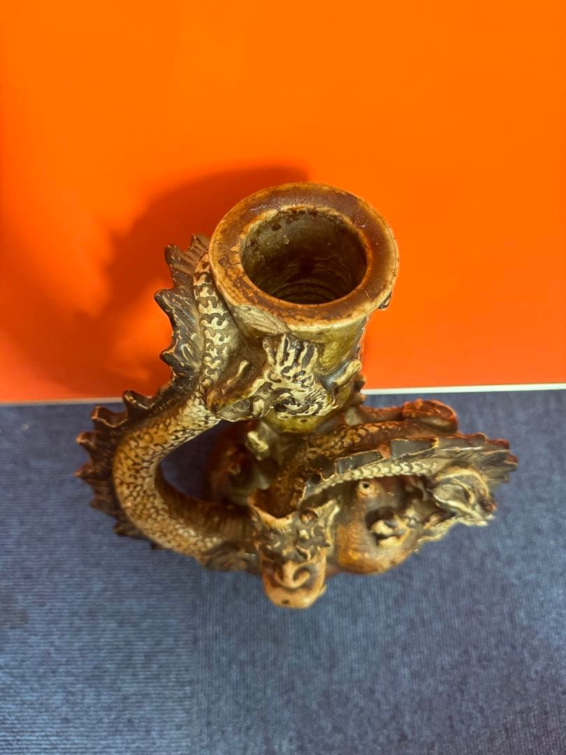 1814  激レア　初代唐津焼　龍型花瓶　花台付き　置物　時代物