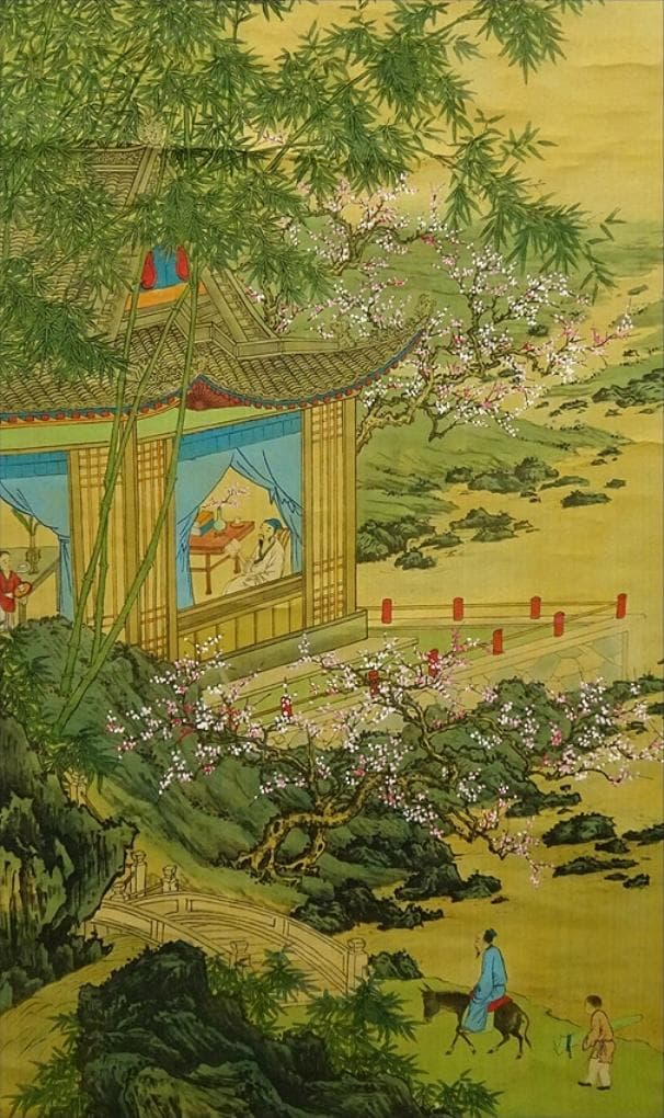 掛軸 王依渓『竹桃貴人の図』中国画 絹本 肉筆 共箱付 掛け軸 g030314