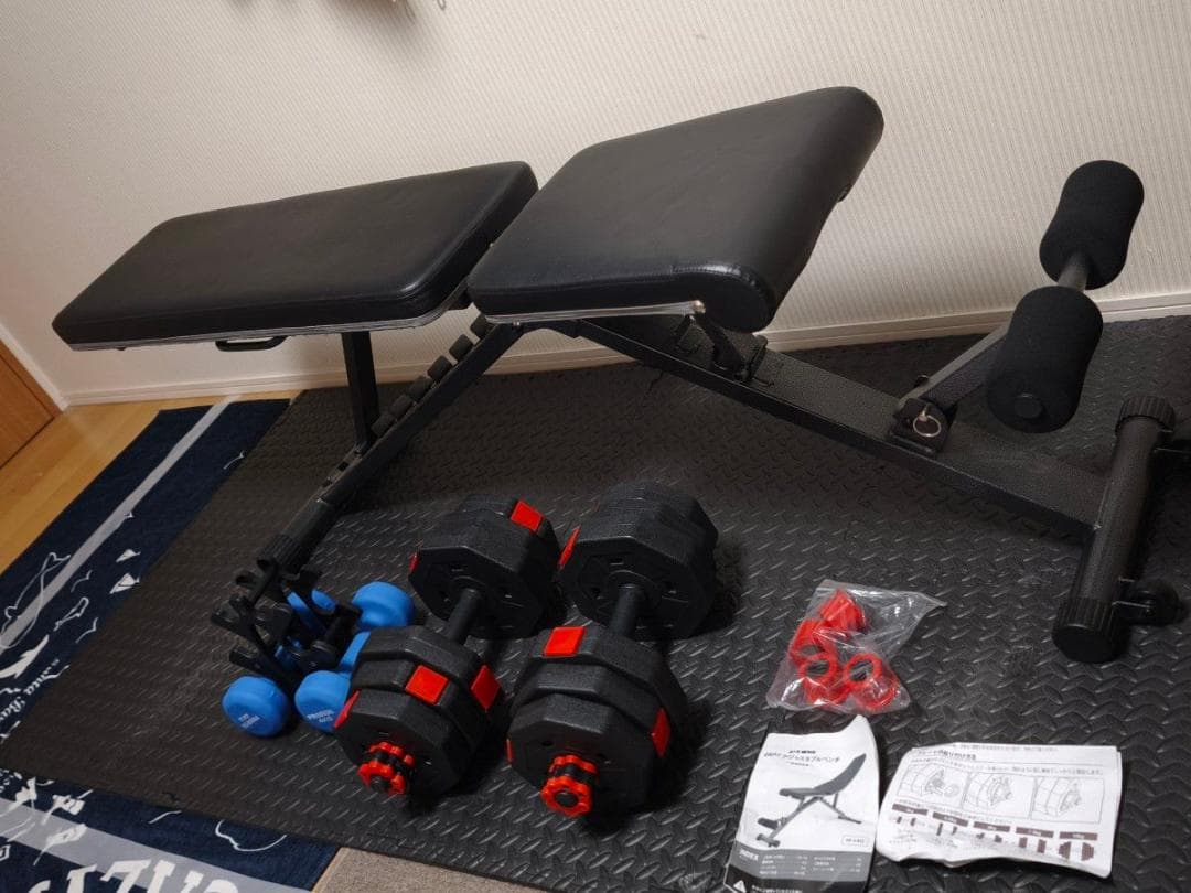 ☆おうちジム フルセット①ベンチ、マット、ダンベル 2個づつ+ダンベルラック ☆