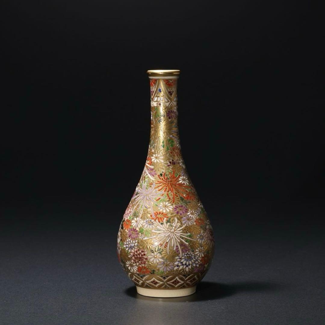 薩摩　鶴首菊図花瓶　金襴手　錦正　共箱　R1484ダN