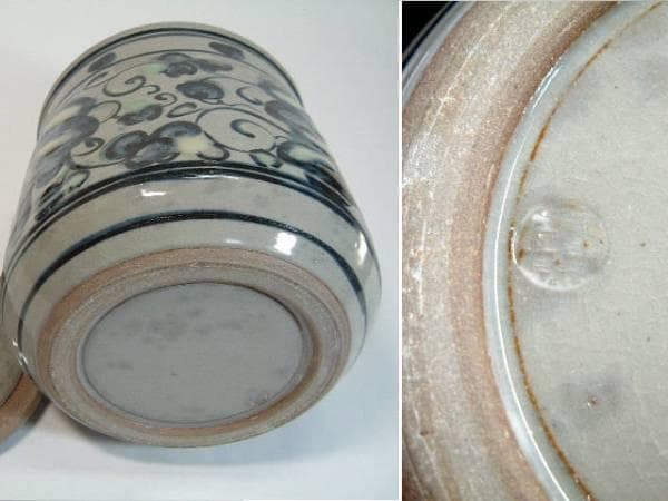 水指■染付唐草図水指 草花 葉 窯印有り 茶器 みずさし 古美術 お茶道具■