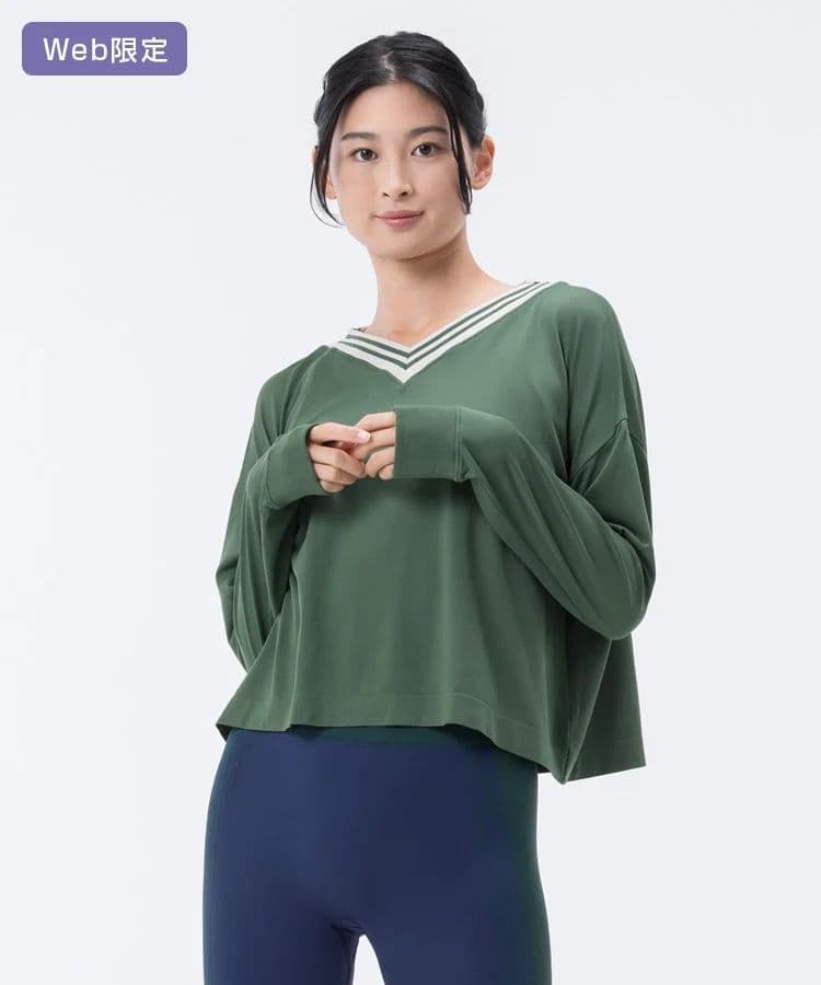 新作SUKALAブラトップ付きネックプルオーバーシャドーストライプメランジレギン