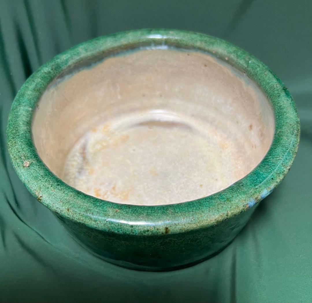 中国清朝緑釉 陶器古美術骨董品 時代物 高さ9cmx口径19.5cm整理品現状品