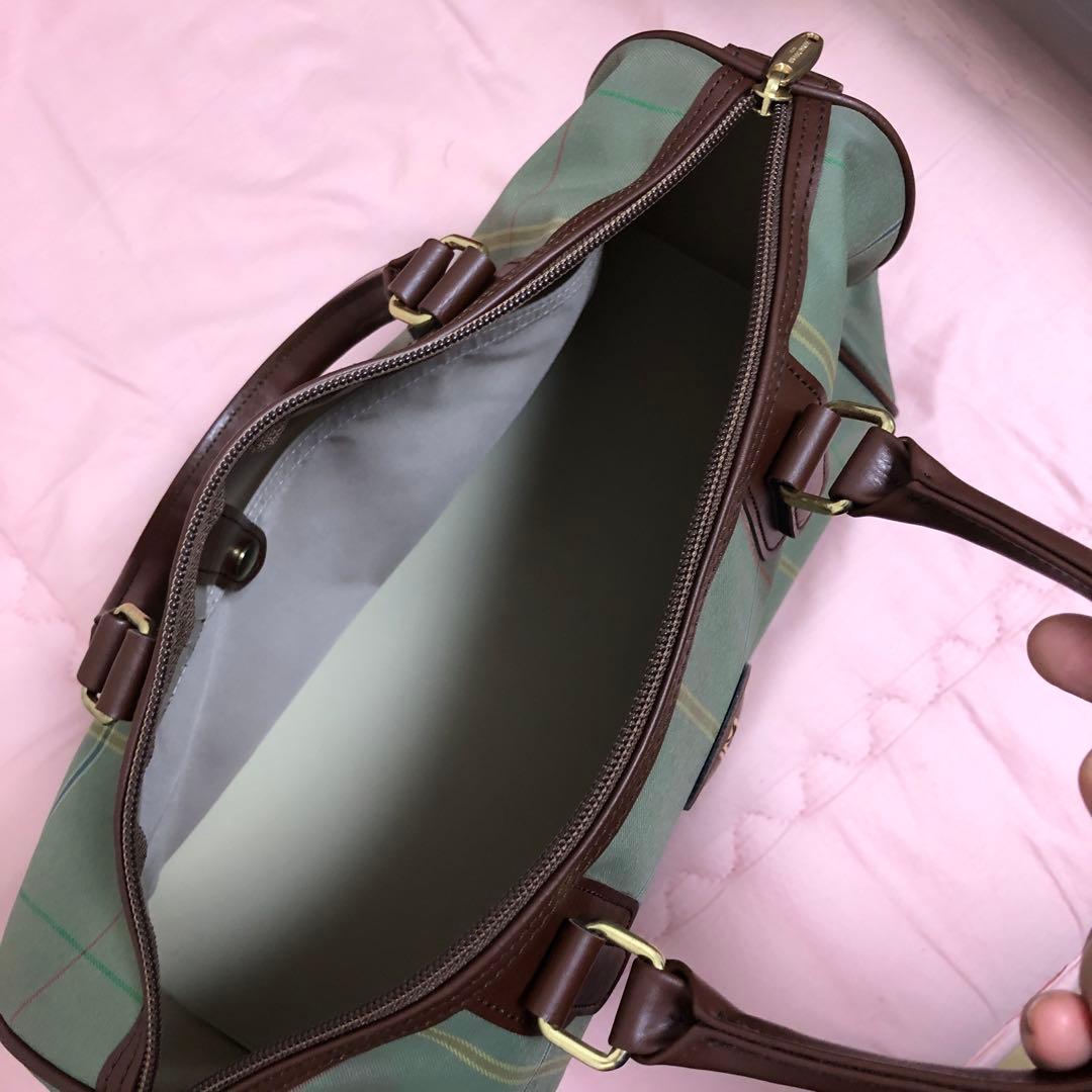 昭和　ボストンバッグ 緑色と茶色のチェック柄
