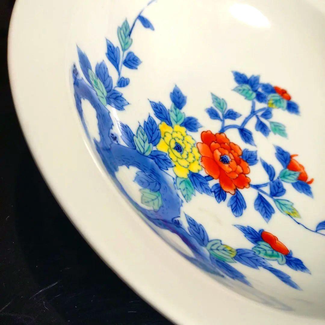 肥前大川内山　鍋島謹製　染錦牡丹画8寸高台　櫛歯文様　色鍋島　菓子器　共箱付き