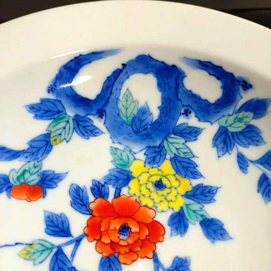 肥前大川内山　鍋島謹製　染錦牡丹画8寸高台　櫛歯文様　色鍋島　菓子器　共箱付き