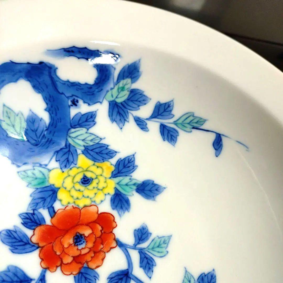 肥前大川内山　鍋島謹製　染錦牡丹画8寸高台　櫛歯文様　色鍋島　菓子器　共箱付き