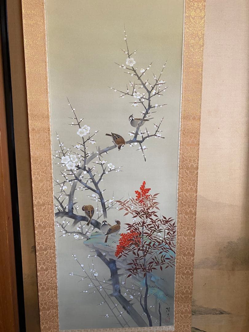 古美術 掛軸 隆大作 白梅花雀　共箱付 花鳥画