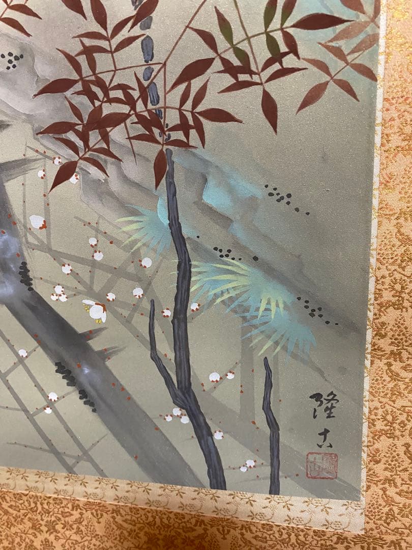 古美術 掛軸 隆大作 白梅花雀　共箱付 花鳥画