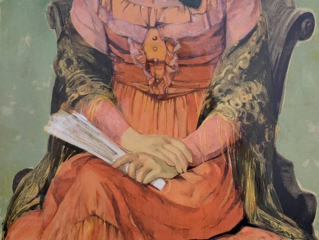 【真作】版画　柳沢淑郎　リトグラフ　扇を持つ少女　上品な色彩と表情美　X80