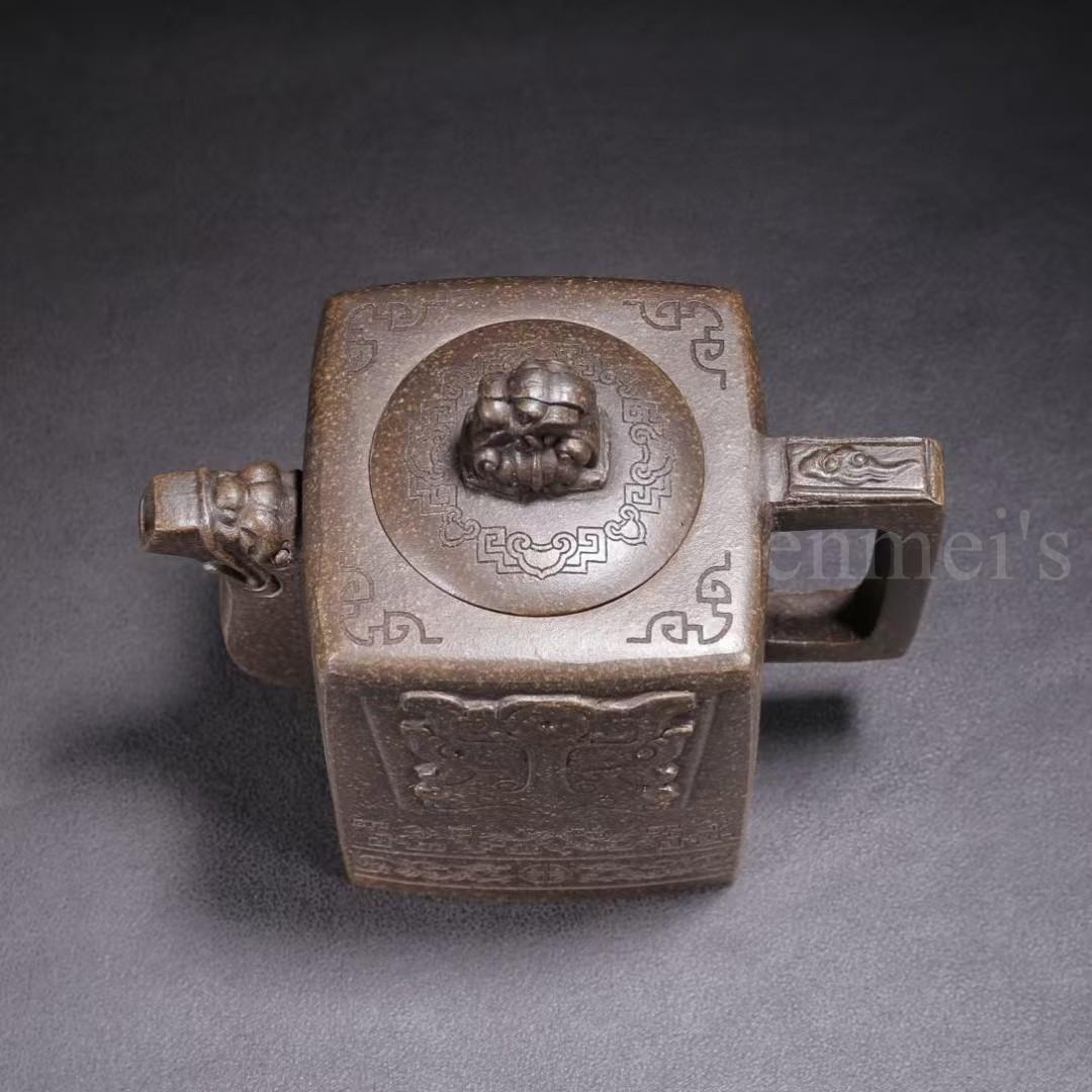 中国古美術・原鉱古銅泥四方獅頂紫砂壺・底款：顧景舟・紫砂壺・急須・茶道具・置物